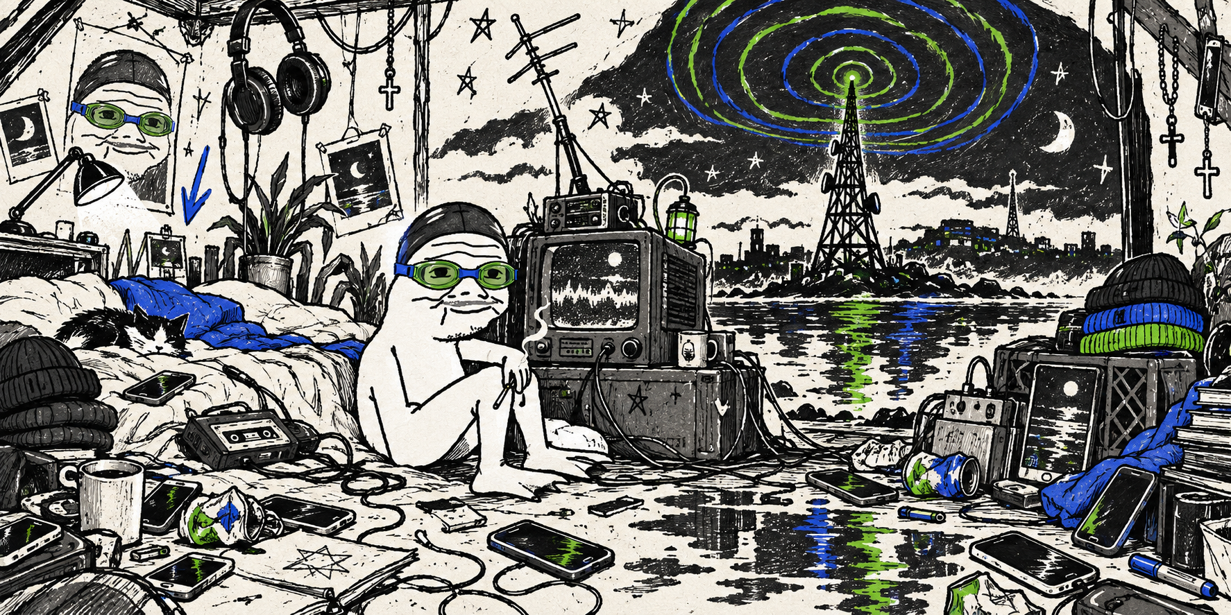 Hand-drawn midnight room full of phones, headphones and a pirate radio tower